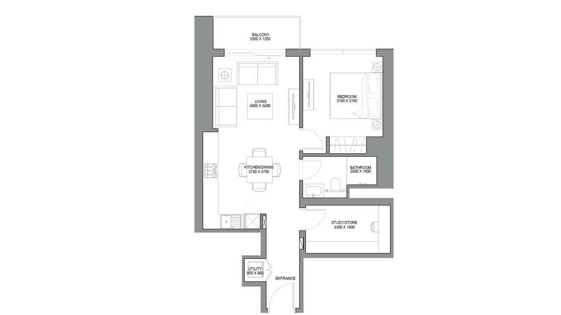 Планировка квартиры 1.5 спальня в ЖК 340 RIVERSIDE CRESCENT № 11007